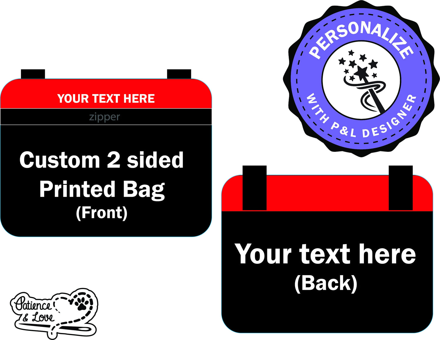 Printed Zippered Pouch, custom fully printed text, clip on, DecoLeather exterior bag