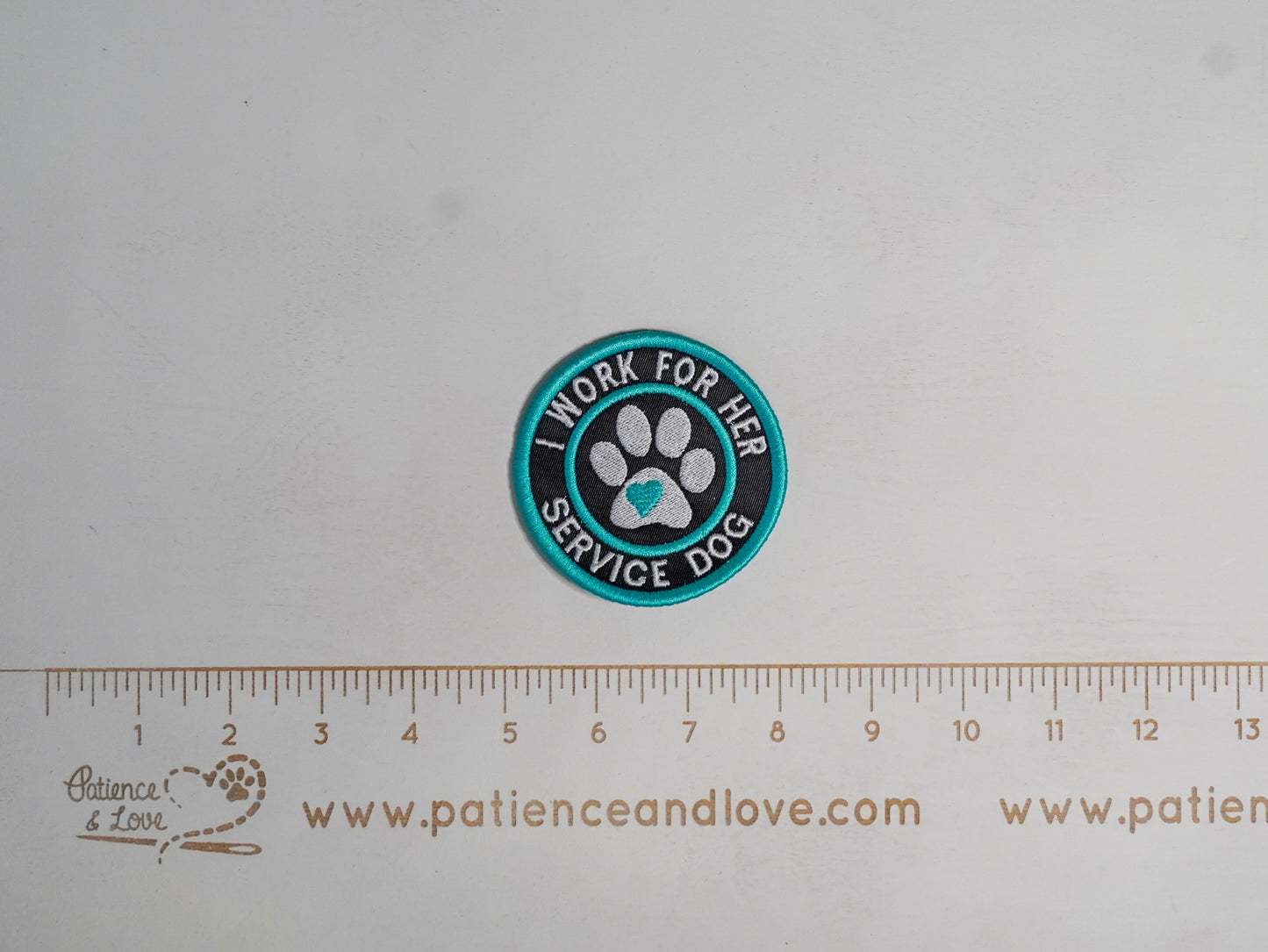 Premade/ Ready to ship patches- I work for her - service dog - with paw print in center, 3 inch round patch