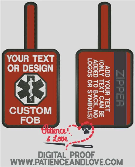 Custom Embroidered clip on Zippered Mini Med Tag, Key Fob with clip