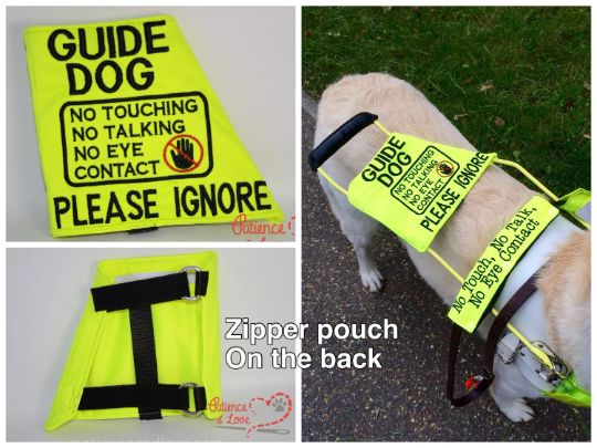Guide Dog Sign, Ignore with Braille, offset handle sign, adjustable straps, zippered pocket, custom embroidered, working dog sign