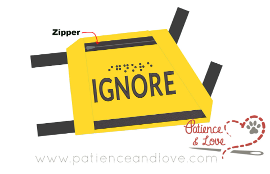 Guide Dog Sign, Ignore with Braille, offset handle sign, adjustable straps, zippered pocket, custom embroidered, working dog sign