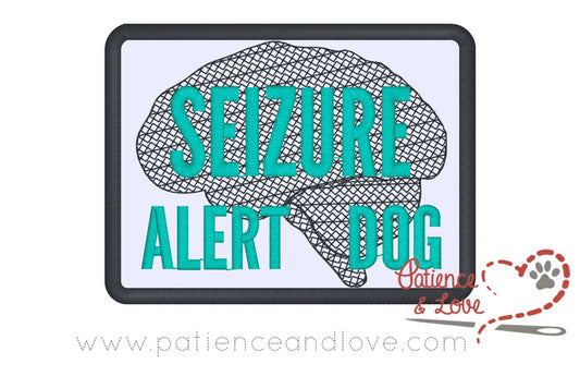 Seizure alert dog patch, Brain embroidered under text, 4 x 3 inch rectangular patch