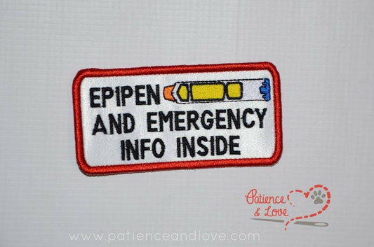 EpiPen and emergency info inside with Epi Pen in center, 4 x 2 inch rectangular patch