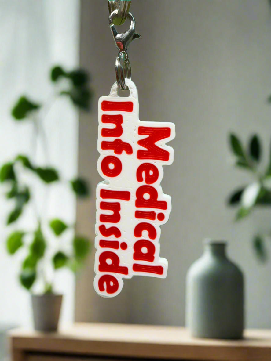 Medical Info Inside – Zipper pull accessory - Red and white - Pendant