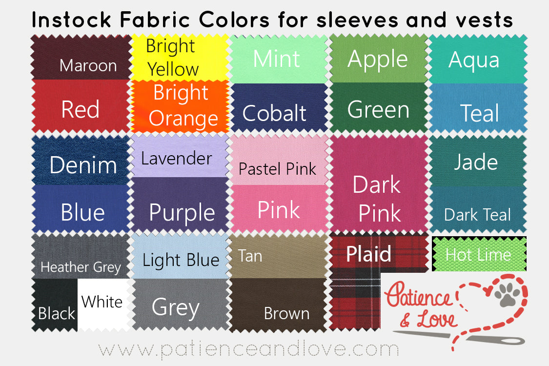 This picture shows all the standard fabric colors stocked for sleeves and vests.