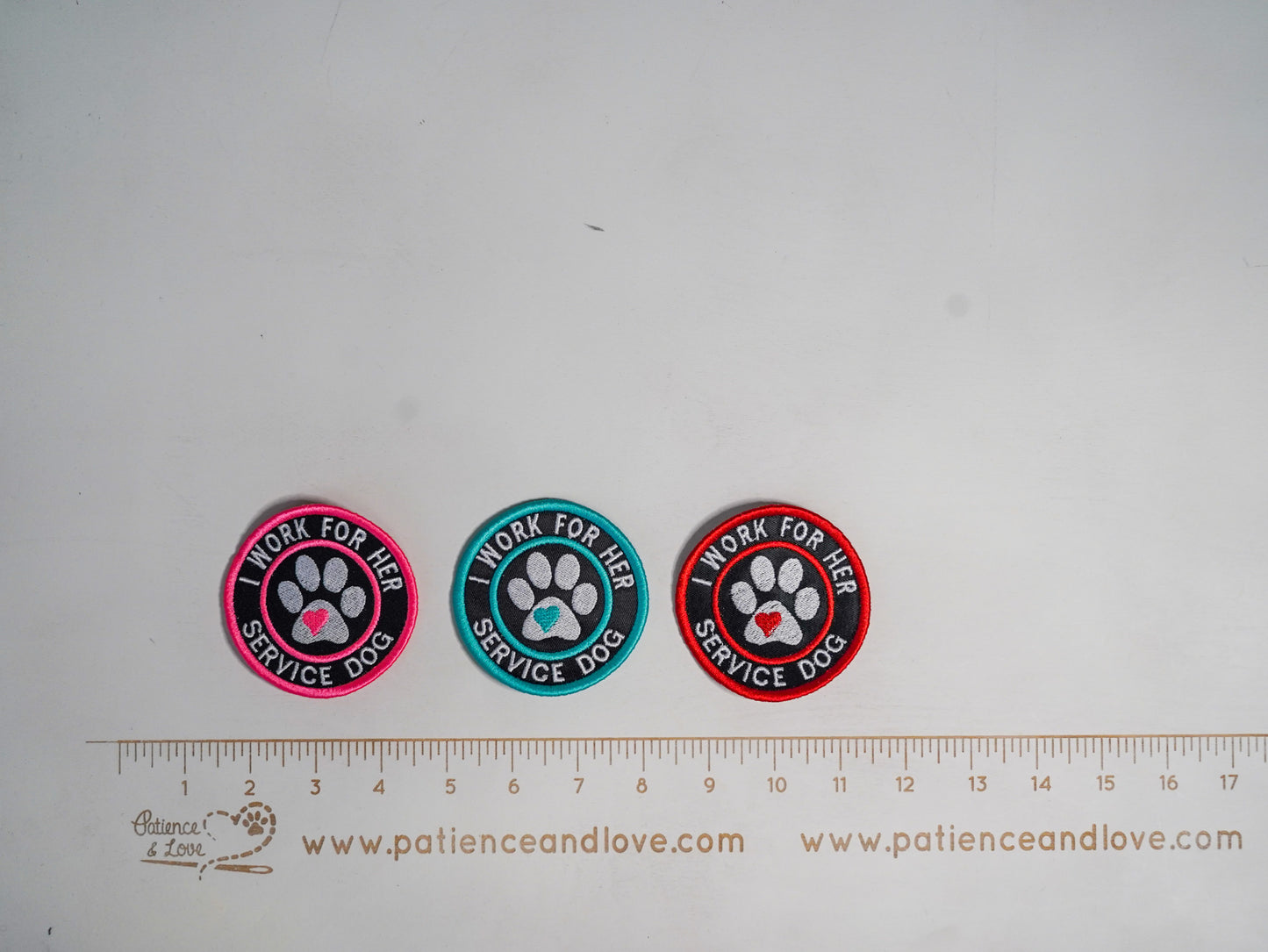 Premade/ Ready to ship patches- I work for her - service dog - with paw print in center, 3 inch round patch