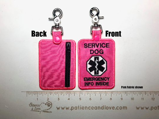 Service Dog, emergency info inside, clip on Zippered Mini Med Tag, Key Fob with clip