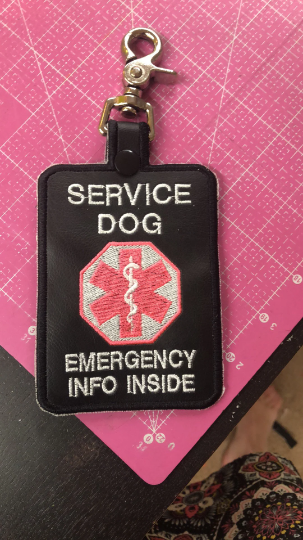 Service Dog, emergency info inside, clip on Zippered Mini Med Tag, Key Fob with clip