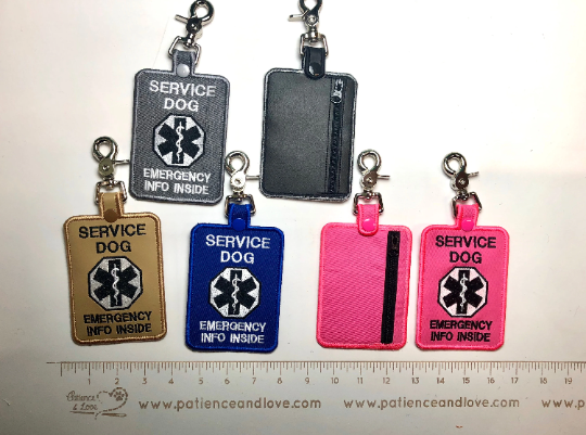 Service Dog, emergency info inside, clip on Zippered Mini Med Tag, Key Fob with clip