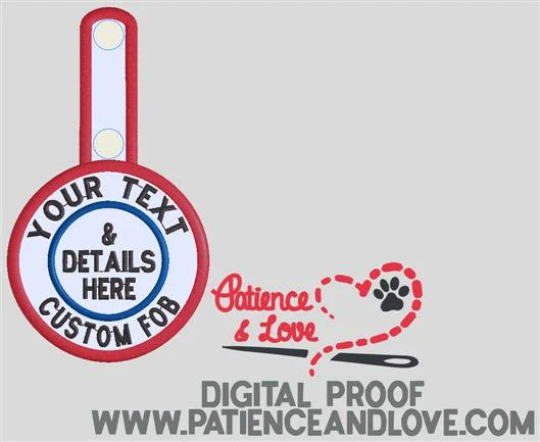 Snap Tab Fob Key, Your custom text and design, Embroidered on the front with your details.