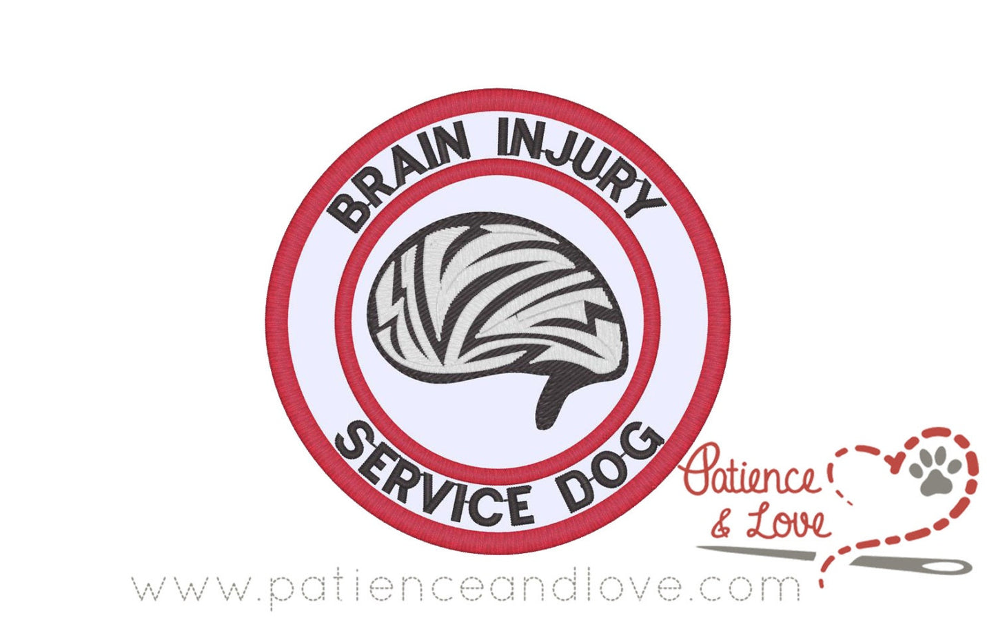 Brain injury service dog, brain in center, 3 inch round patch