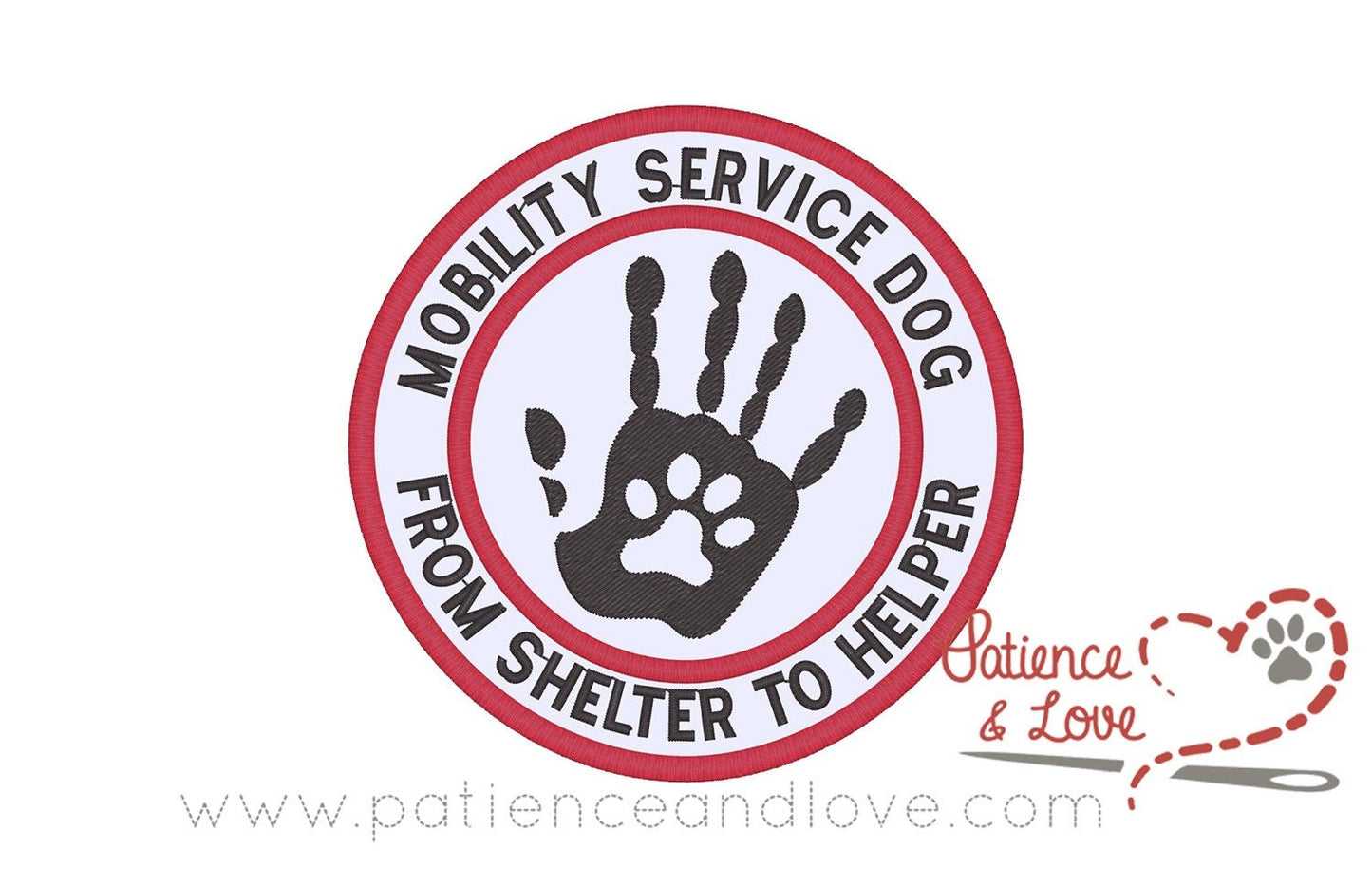 Mobility service dog from shelter to helper, with a hand in paw in the center, 4-inch round patch