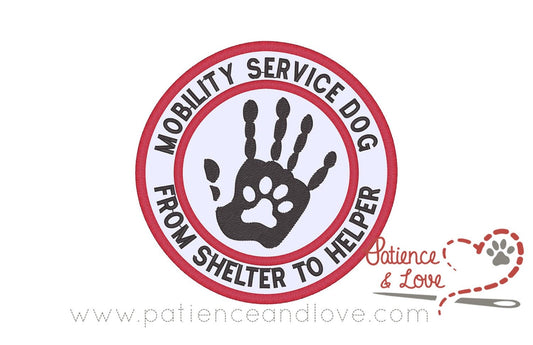Mobility service dog from shelter to helper, with a hand in paw in the center, 4-inch round patch