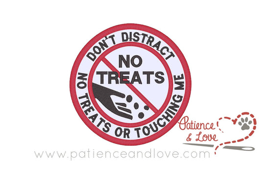 Don't distract no treats or touching me, feeding hand in center, 3 inch round patch