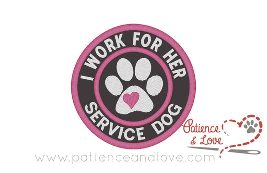 I work for her - service dog - with paw print in center, 3 inch round patch