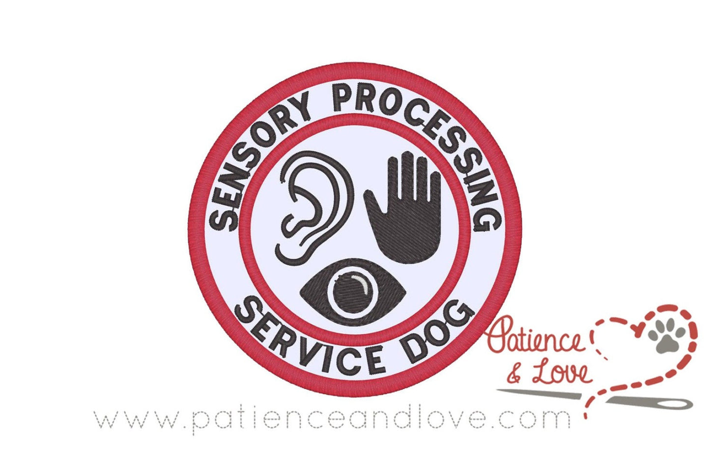 Sensory Processing Service Dog with ear, hand, and eye in center, 3 inch round patch