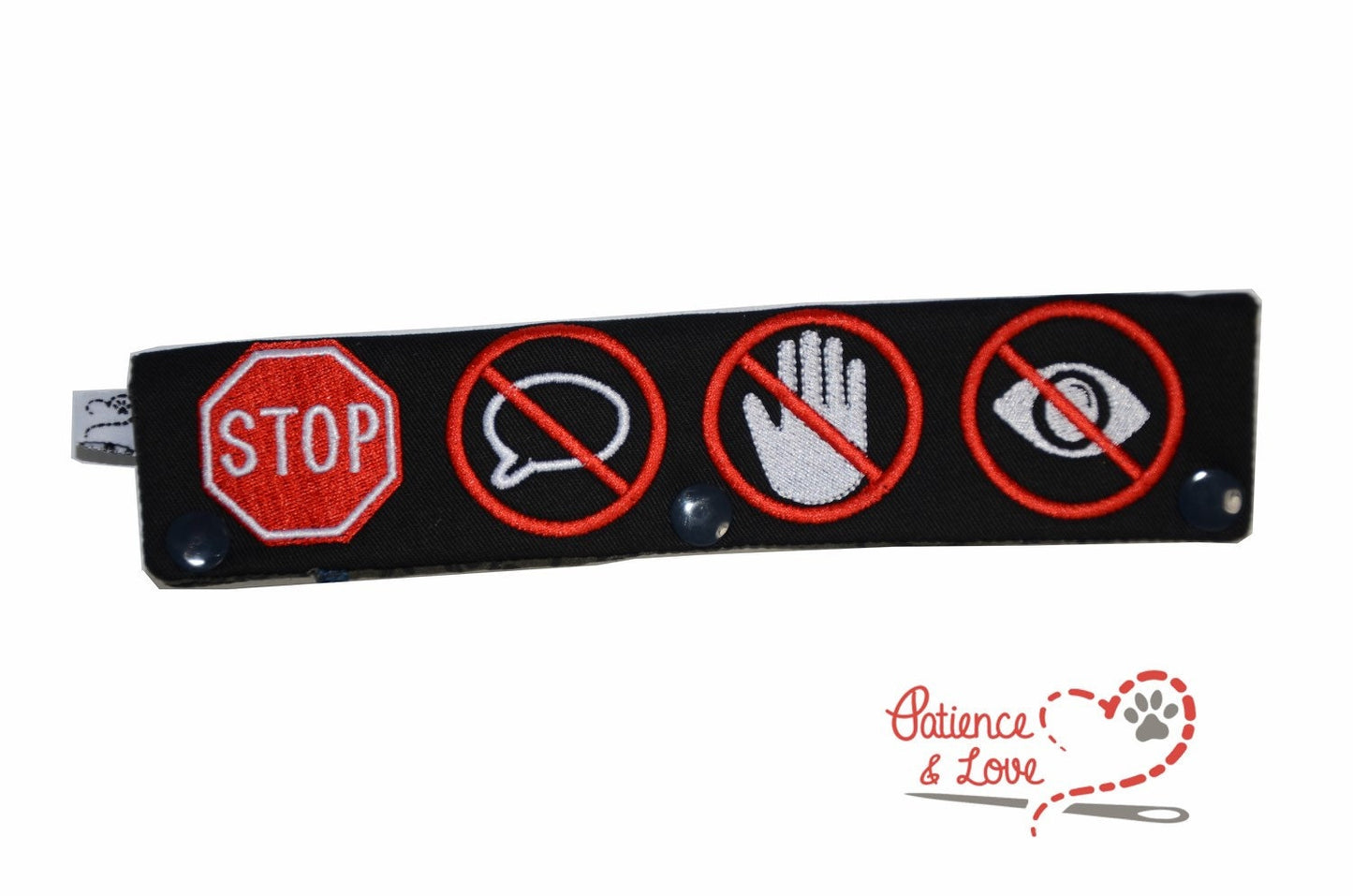 One Leash Sleeve embroidered with the following on both sides of the sleeve:       Symbols, horizontal layout, stop sign, no touch, no talk, no eye contact,      Example in the listing photo has the following color selections:        • Black fabric, red (1637) crossouts, white symbols.