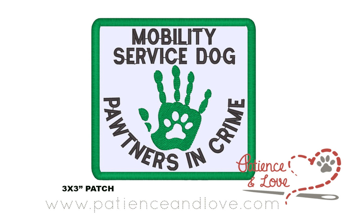 Mobility Service dog Pawtners in Crime with cute handprint with paw, 3 x 3", square patch