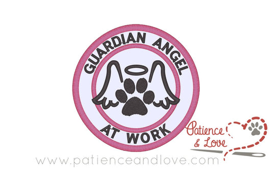 One sew on patch embroidered with  GUARDIAN ANGEL AT WORK around the top and bottom with an paw print with angel wings and a halo on top.  As seen in the listing photo. The listing photo shows white fabric, Pink (1909) edge and black text.