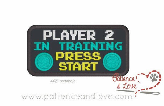 Player 2, in training, press start, game, 4 x 2 inch rectangular patch