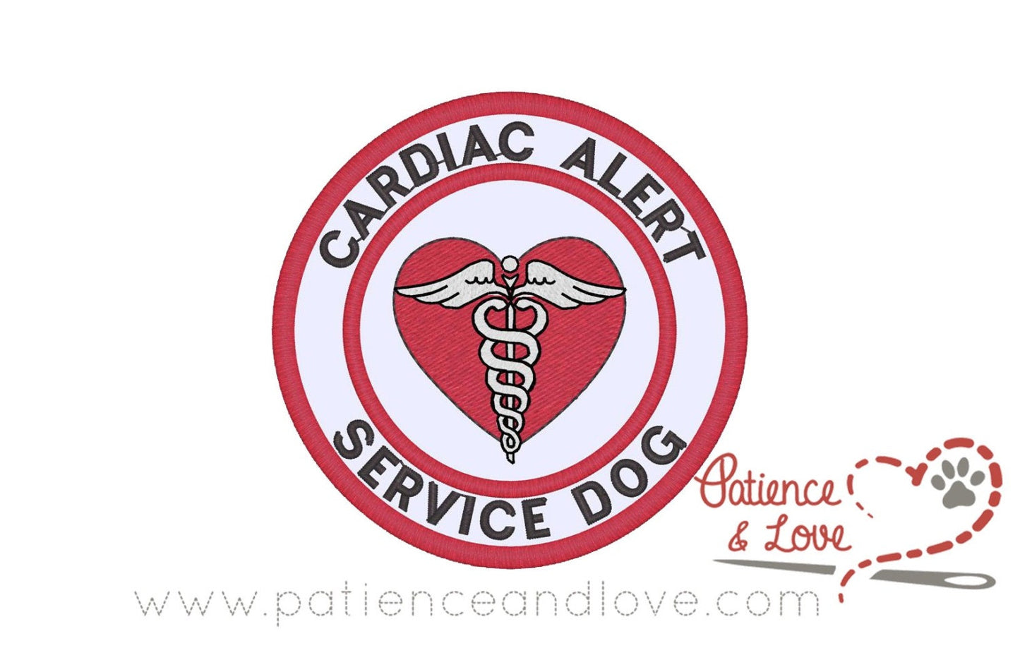 cardiac alert service dog, heart with caduceus, 3-inch round patch