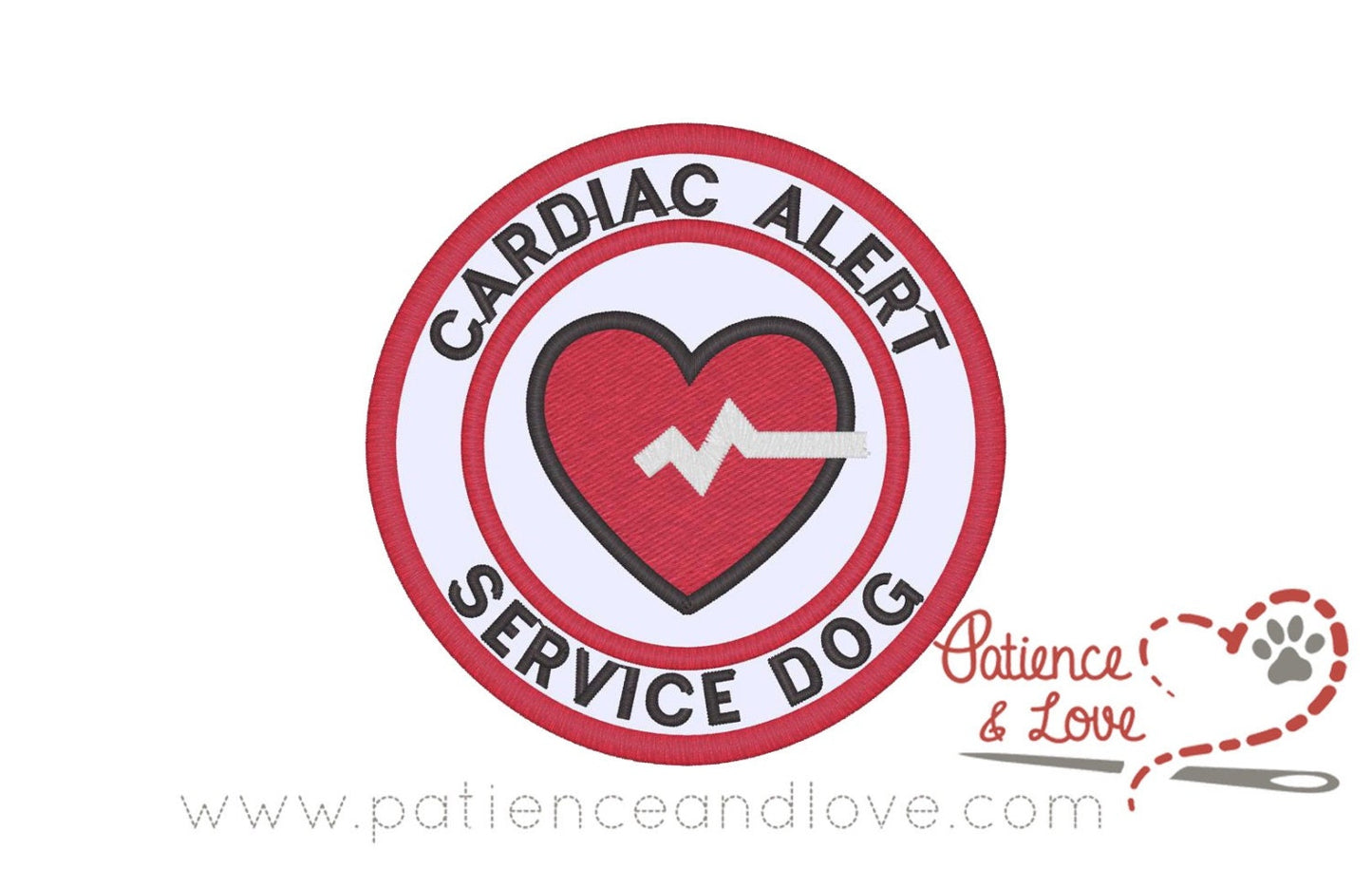 cardiac alert service dog, heart with ekg, 3-inch round patch