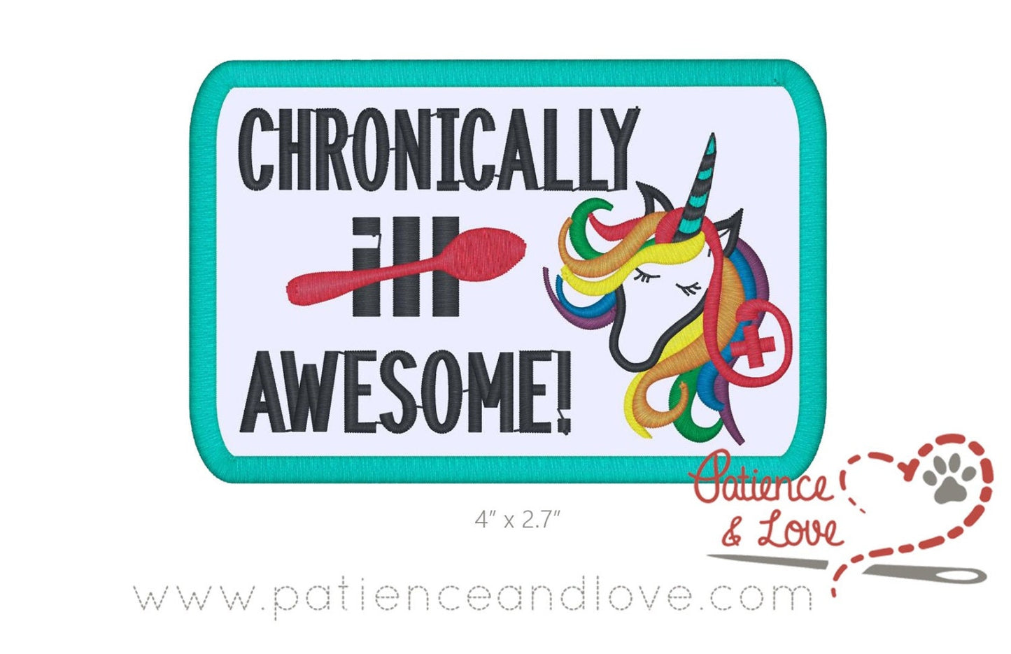 Chronically awesome, medical rainbow unicorn and ill crossed out with a spoon, 4x2.7 inch rectangle patch