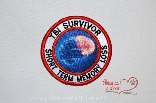 TBI Survivor - short term memory loss, digitally printed brain in center, 3 inch round patch