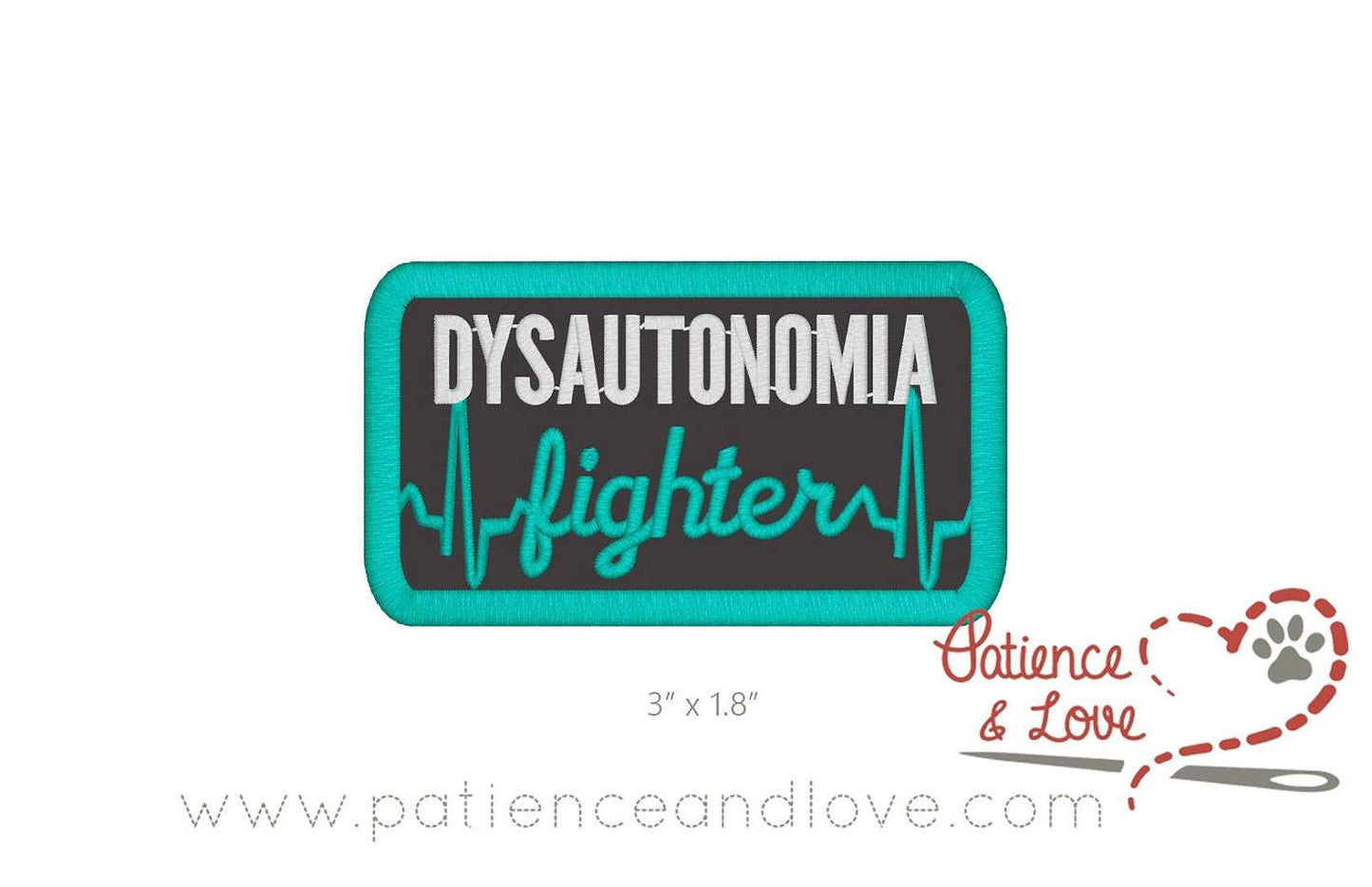 Dysautonomia Fighter, with fighter as an ekg, 3 x 1.8 inch rectangular patch