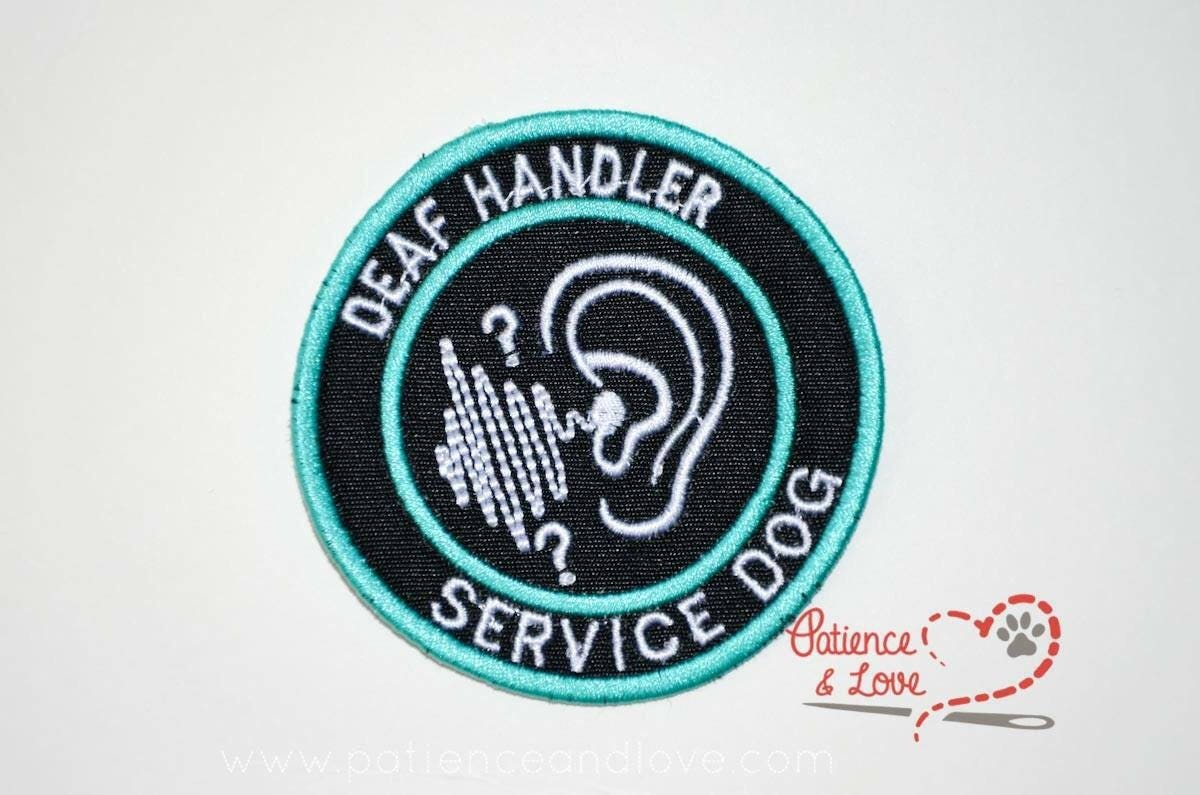 DEAF HANDLER - SERVICE DOG patch with the ear and question mark, 3 inch round patch