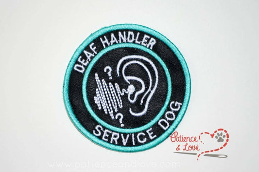 DEAF HANDLER - SERVICE DOG patch with the ear and question mark, 3 inch round patch