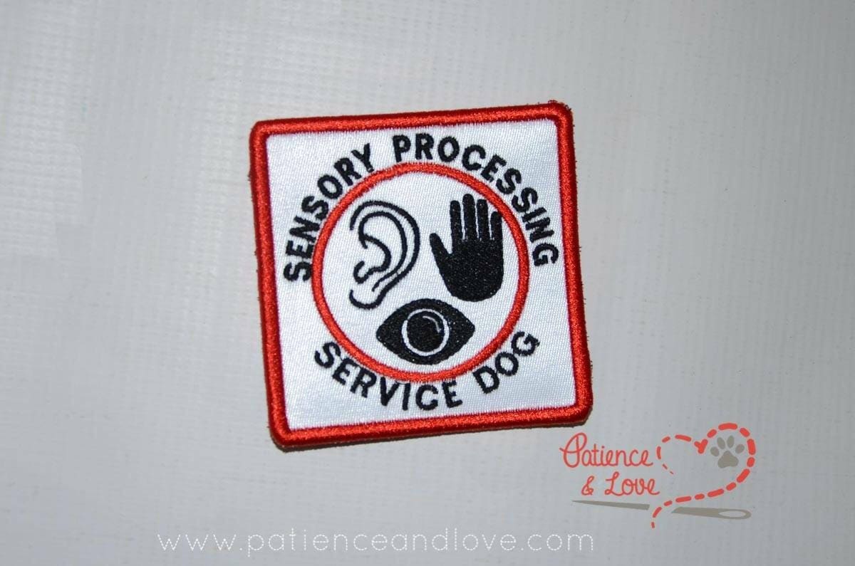 Sensory Processing service dog, with hand, ear and eye embroidery in center, 3 x 3", square patch