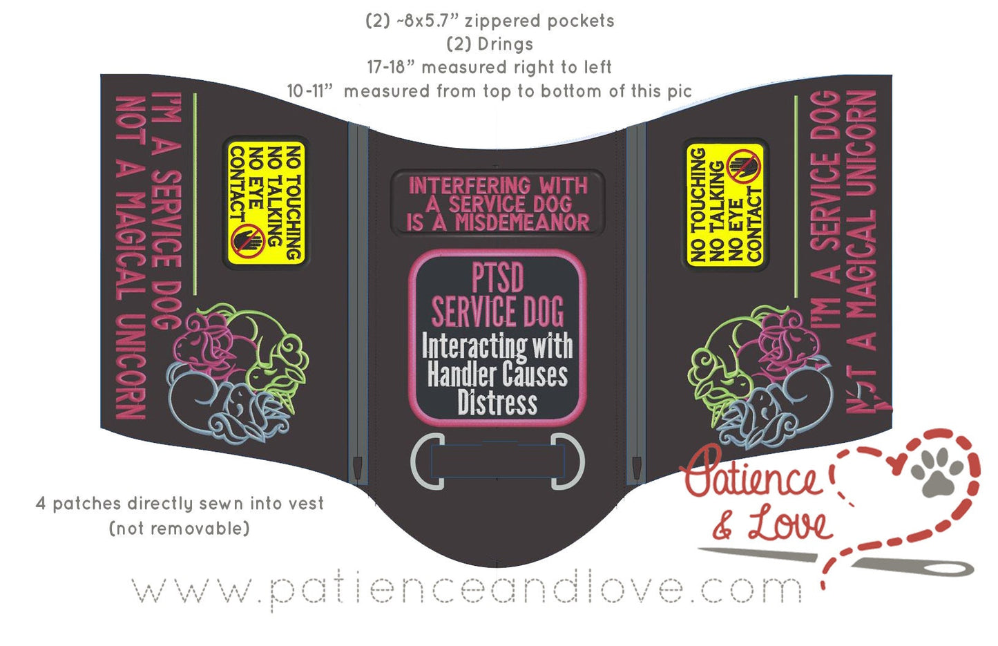 I'm A Service Dog, Not a Magical Unicorn with 4 patches and cute sleeping unicorns, S&R Style Embroidered Vest
