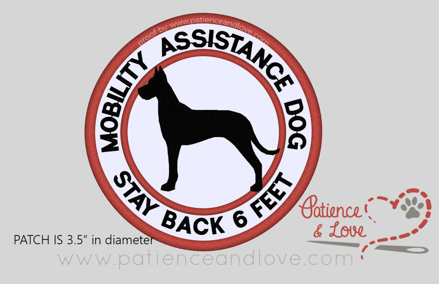 Breed, Mobility Assistance Dog Stay Back 6 feet with great dane dog breed silhouette in the center, Select your breed, 3.5 inch round patch