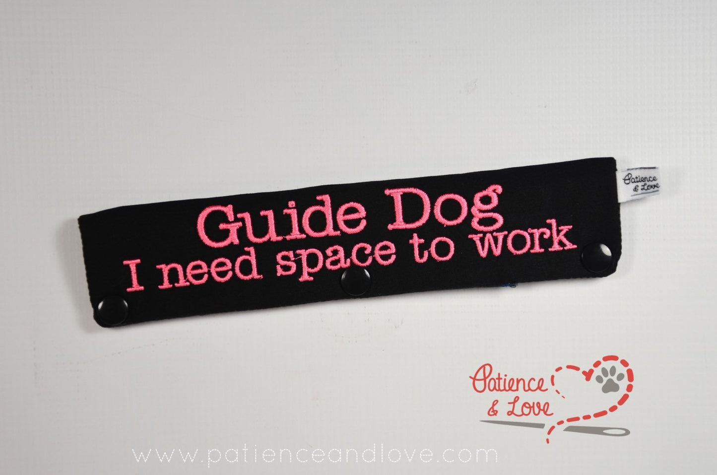 One Leash Sleeve embroidered with the following on both sides of the sleeve:        Guide Dog       I need space to work      Example in the listing photo has the following color selections:        • black fabric, pink (1909) text.