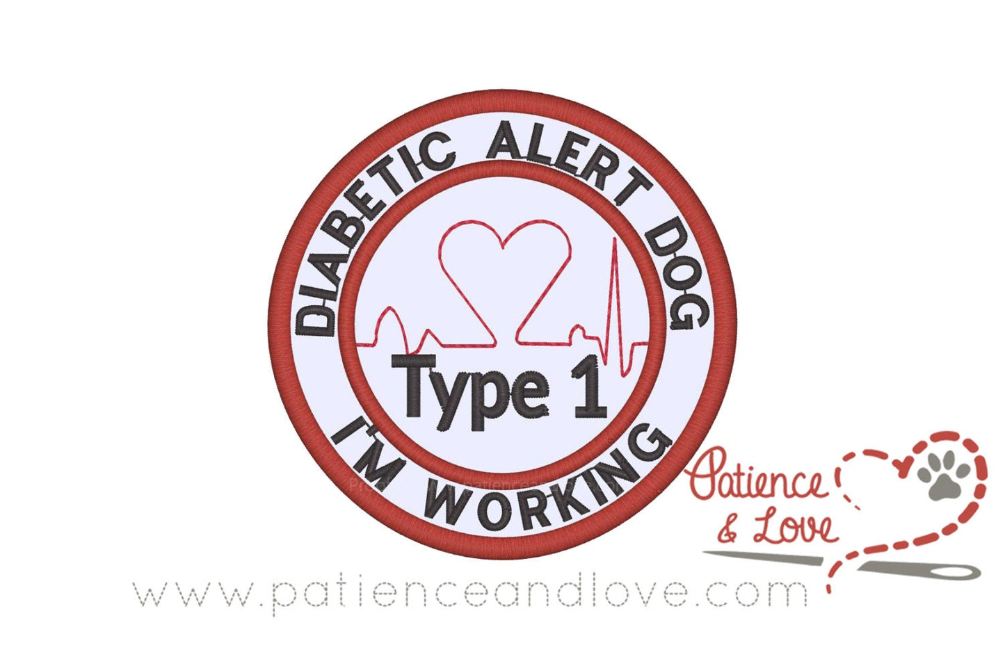 Type 1 Diabetic Alert Dog- I'm Working, with heart EKG, 3 inch round patch