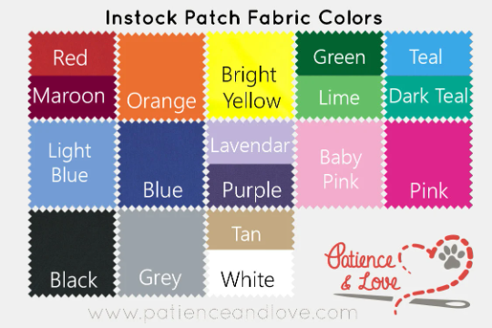 Picture shows all the fabric colors i keep on stock for patches